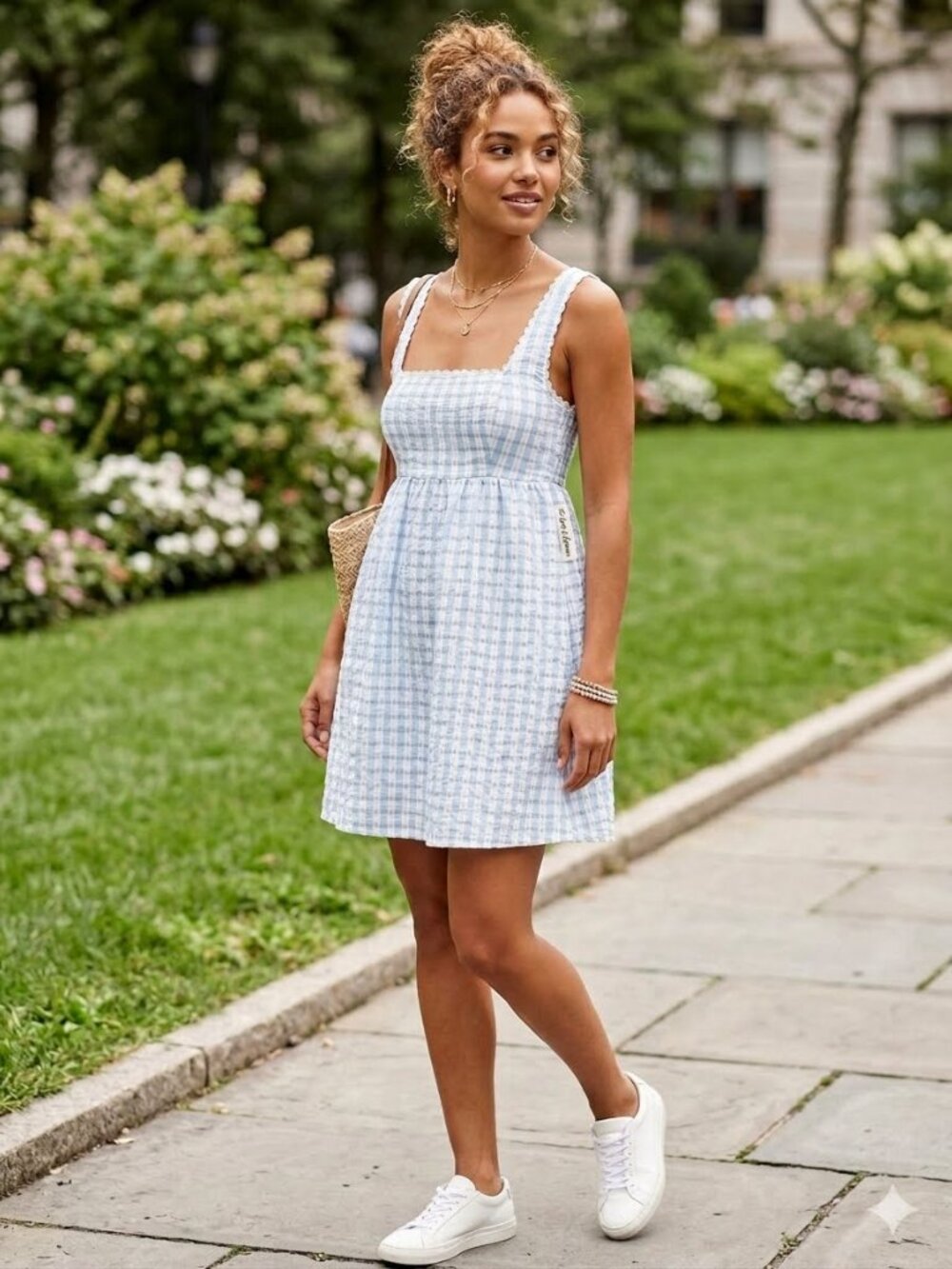 Trixx Blue and White Gingham smocked seersucker-style BabyDoll Dress, M